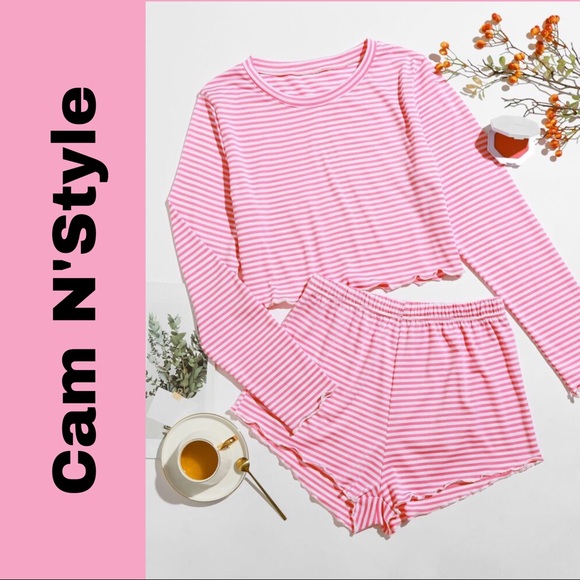 Other - New Pink & White Striped Tee & Shorts Pajama Set